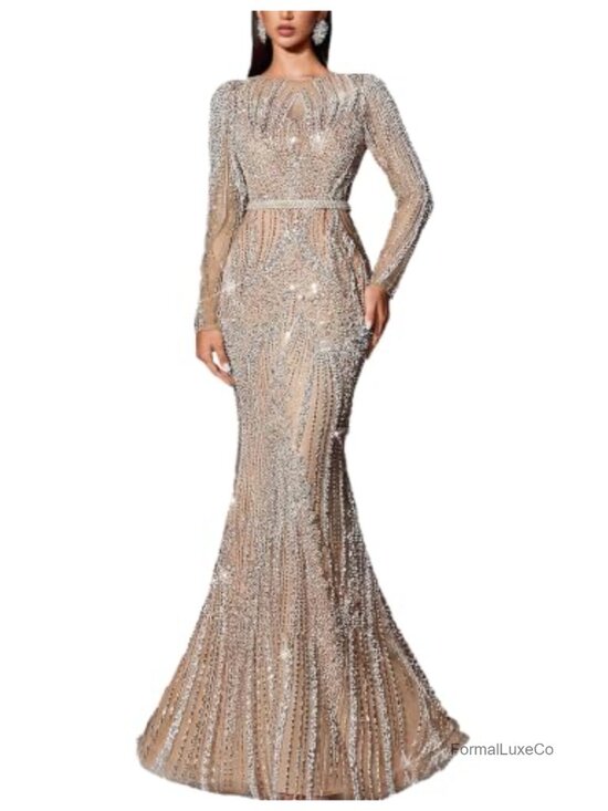 Dresses & Skirts - Women Sequin Mermaid Evening Gown Beaded Long Sleeve Formal Prom Dress
